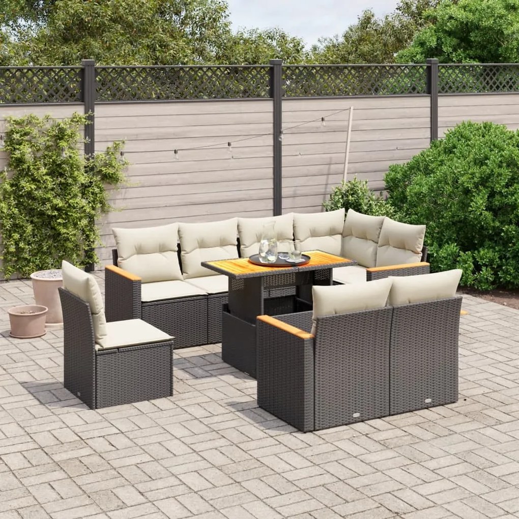 Set divani da giardino 9 pz con cuscini nero in polyrattan