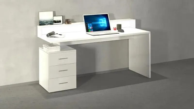 Scrivania Angolare Moderna New Selina con Sopralzo e 3 Cassetti, Bianco Lucido