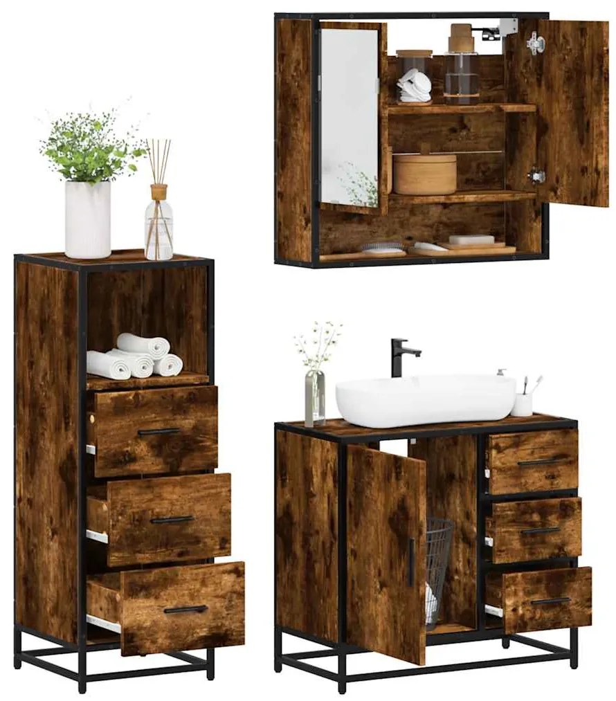 Set Mobili Da Bagno 3 Pz Rovere Fumo İn Legno Multistrato /