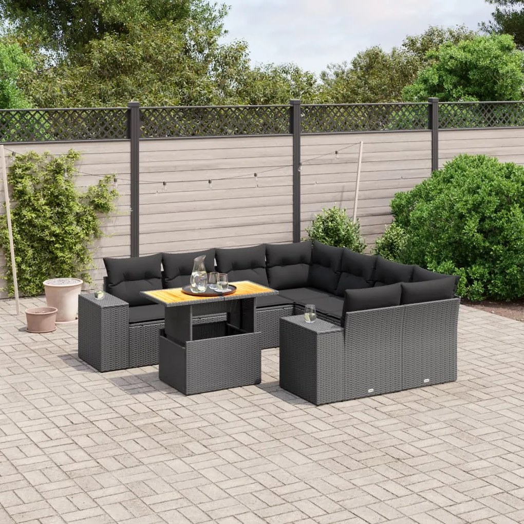 Set divani da giardino 9 pz con cuscini nero in polyrattan