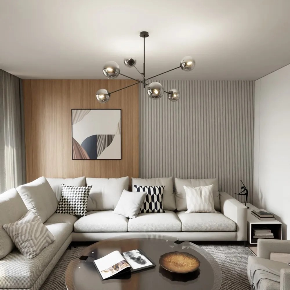 Lampadario da Soffitto in Acciaio e Vetro LINEAR 6 Nero 6xE14 Colore delle Sfere Grafite