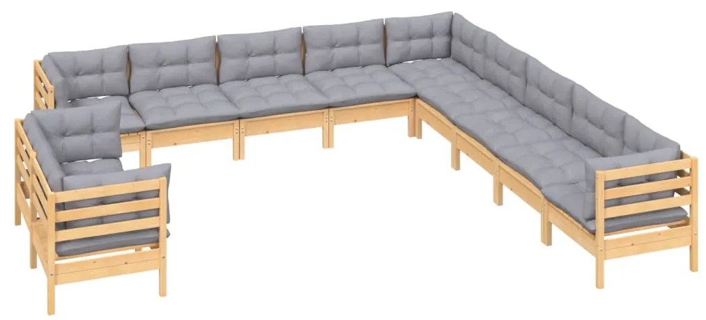 Set divani da giardino 11 pz con cuscini grigi massello di pino