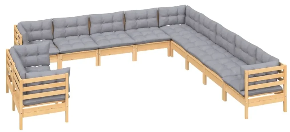 Set divani da giardino 11 pz con cuscini grigi massello di pino