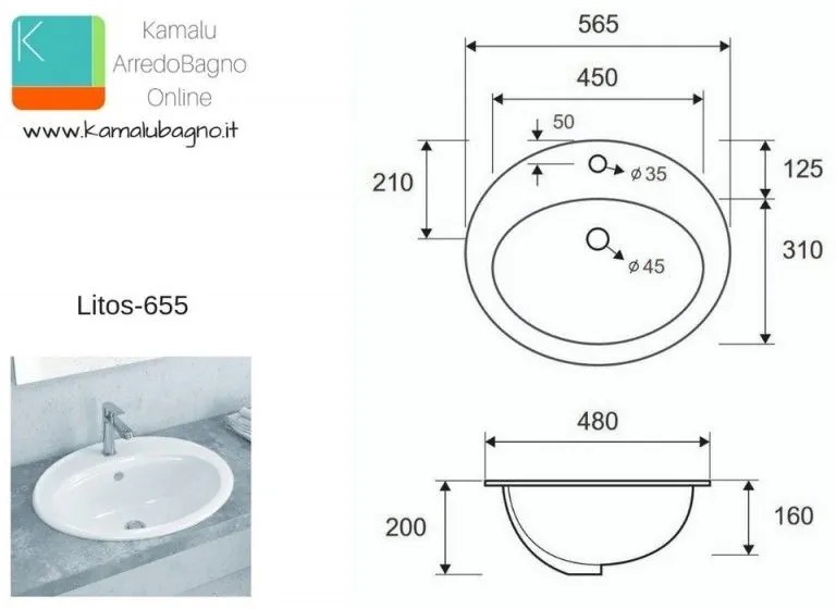 Kamalu - lavabo da incasso soprapiano 56cm ceramica litos-655