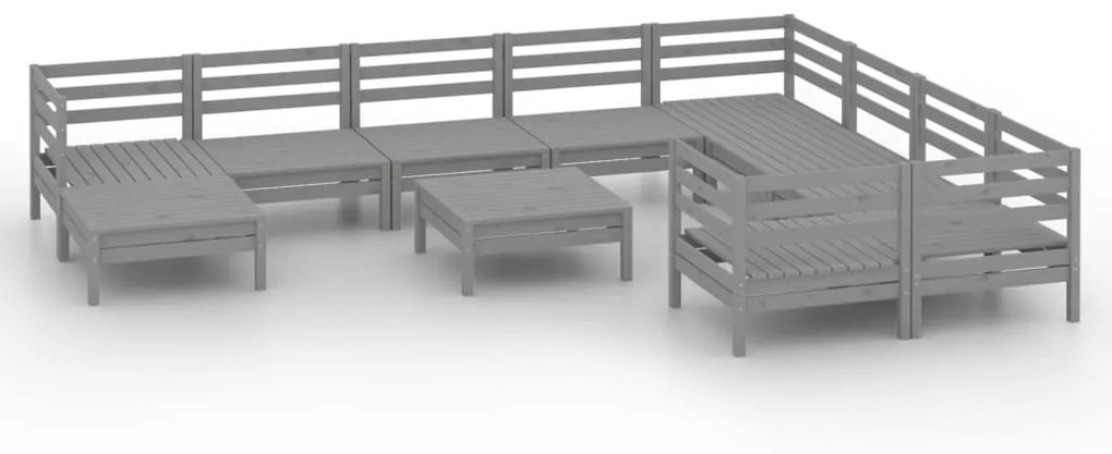 Set Salotto da Giardino 11 pz in Legno Massello di Pino Grigio