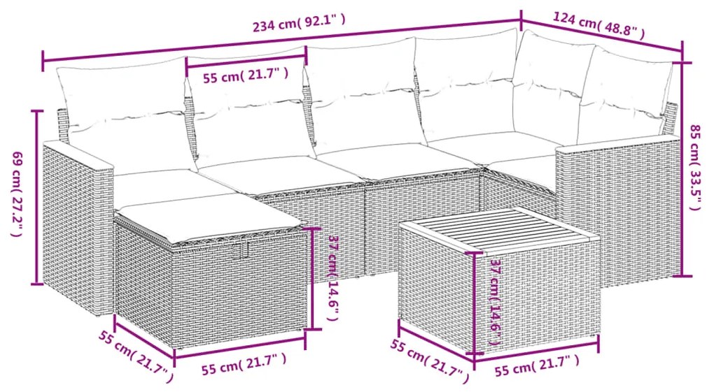 Set divani da giardino 7 pz con cuscini beige in polyrattan