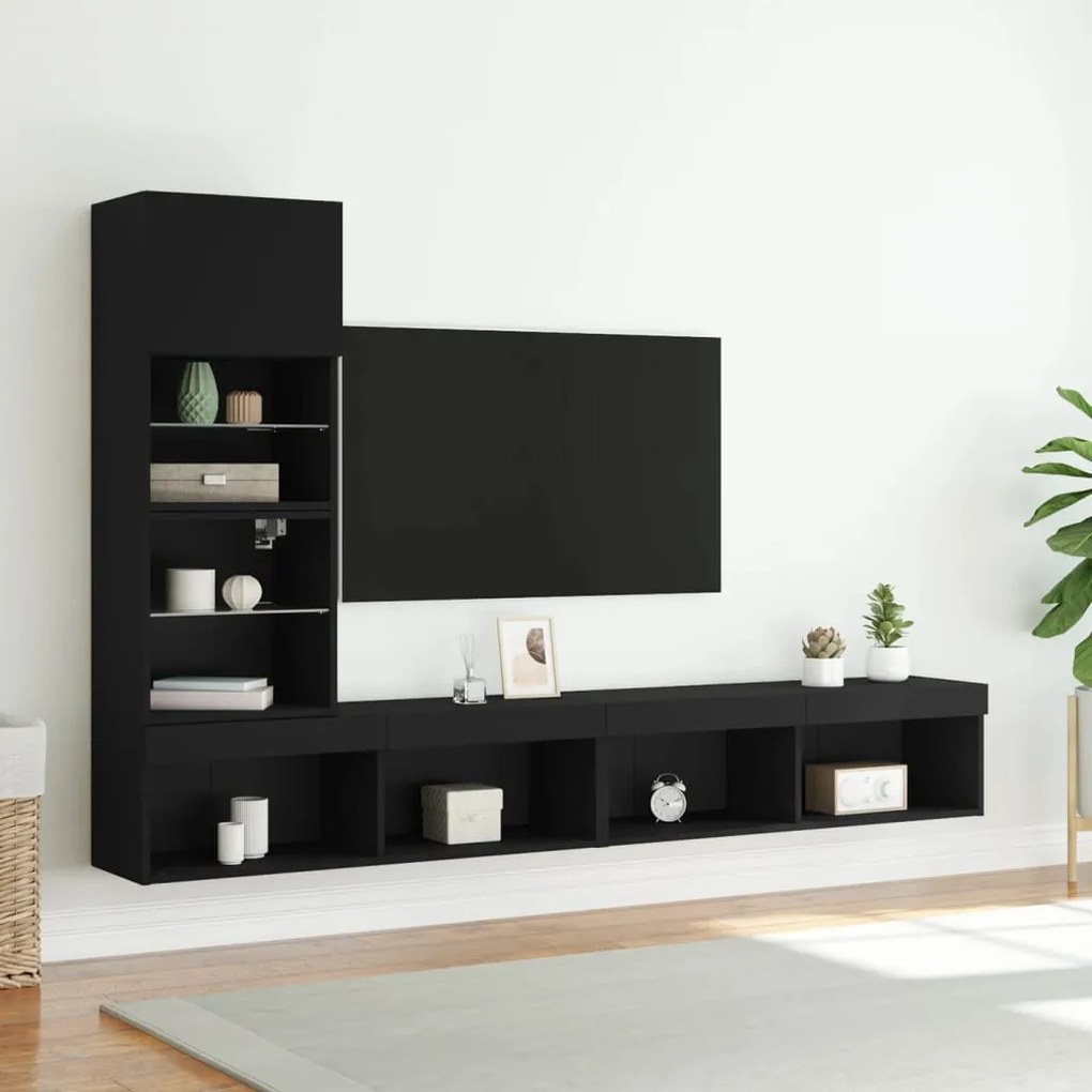 Mobili tv a muro con led 4pz neri in legno multistrato