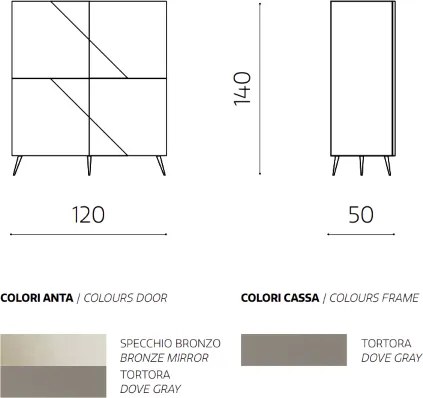 Madia credenza 4 ante in vetro specchio Bronzo e cassa Tortora ARTE 120 con 5 piedini