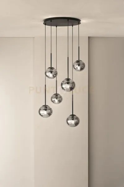 Sospensione jewel 6 luci nero vetro fume' attacco e14 vetro d.15-17cm