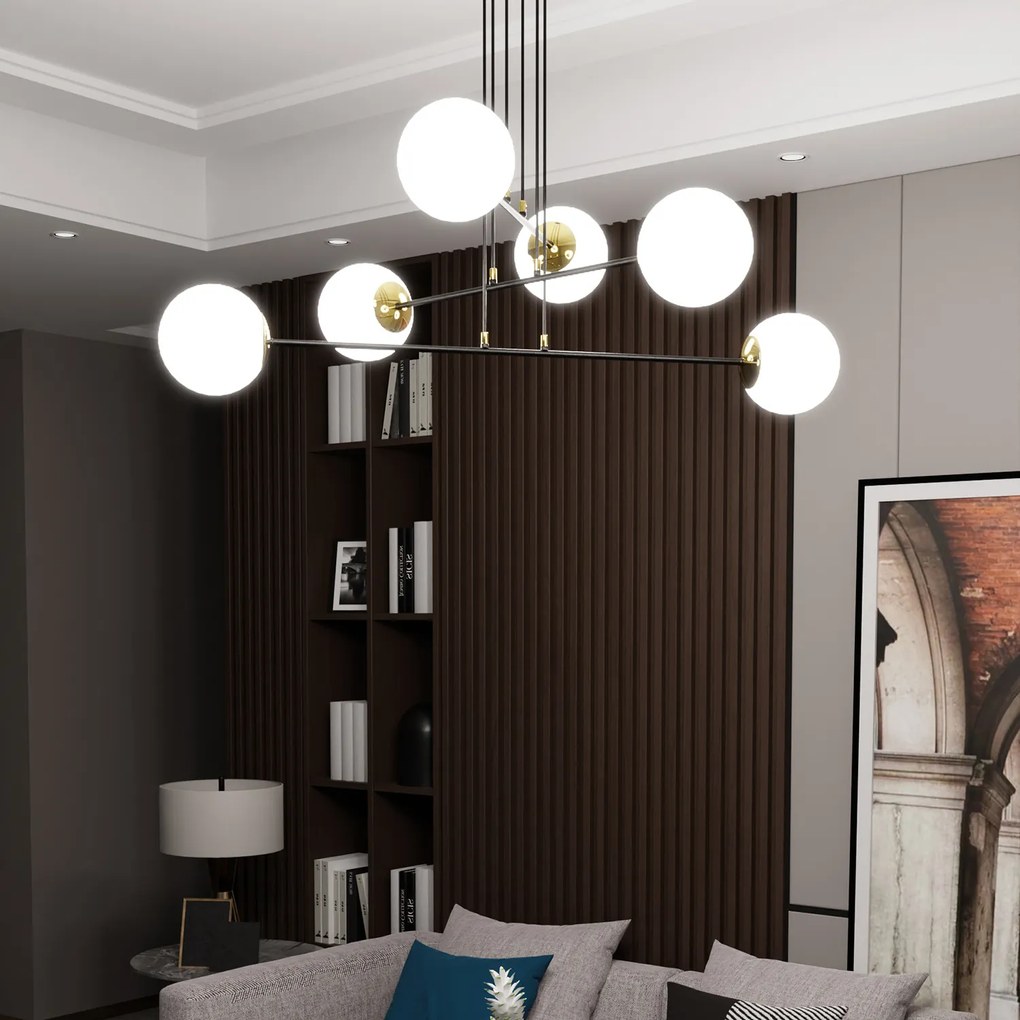 Lampadario Moderno 6 Luci Tsukuyomi In Acciaio Nero E Oro E Vetro A Sfera Opale