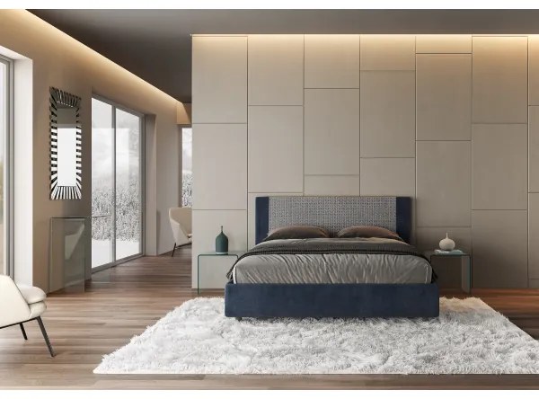 Letto matrimoniale contenitore imbottito 160x210 tessuto Labirinto 9 blu Rosal