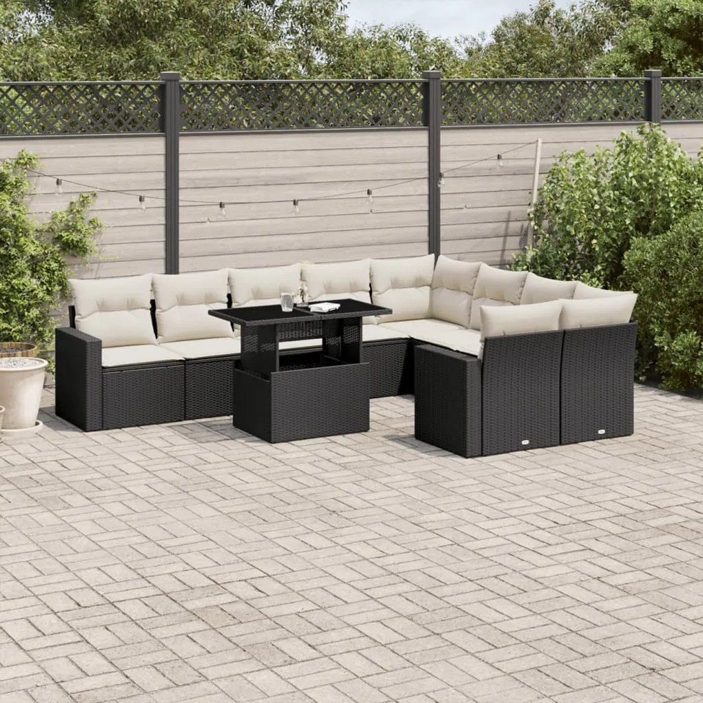 Set divani da giardino 10pz con cuscini in polyrattan nero