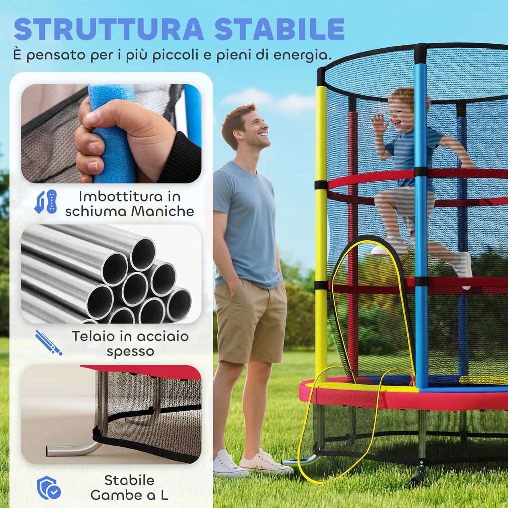 Trampolino per Bambini 3-6 Anni Ø160x190 cm con Rete di Sicurezza Senza Molle Multicolore...