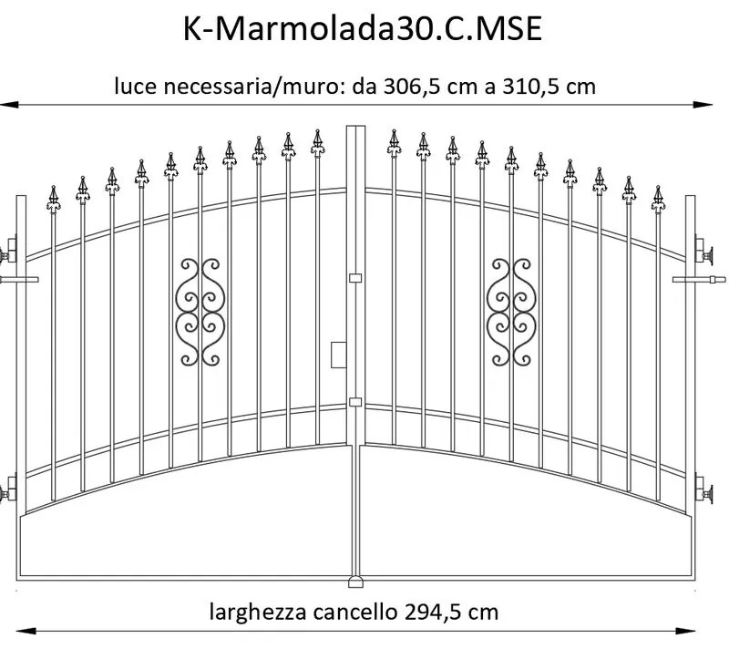 Cancello manuale con serratura elettrica Marmolada in ferro, apertura centrale, L 308.5, H 165-195 cm, di colore ruggine