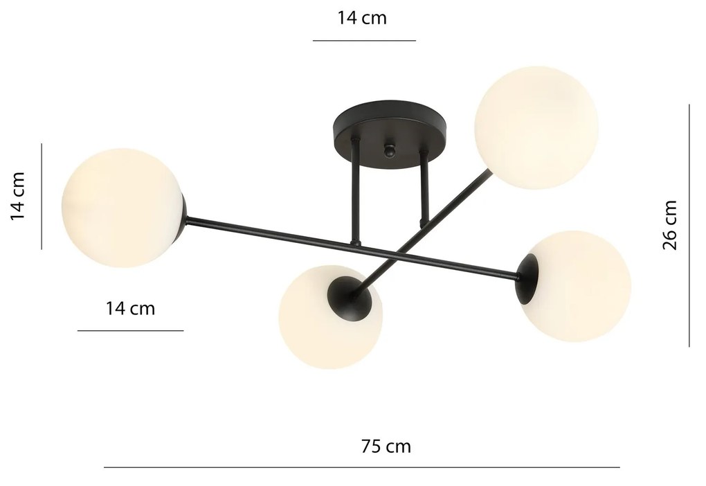 Plafoniera Moderna Roma 4 Luci In Acciao Nero E Sfere In Vetro Bianco