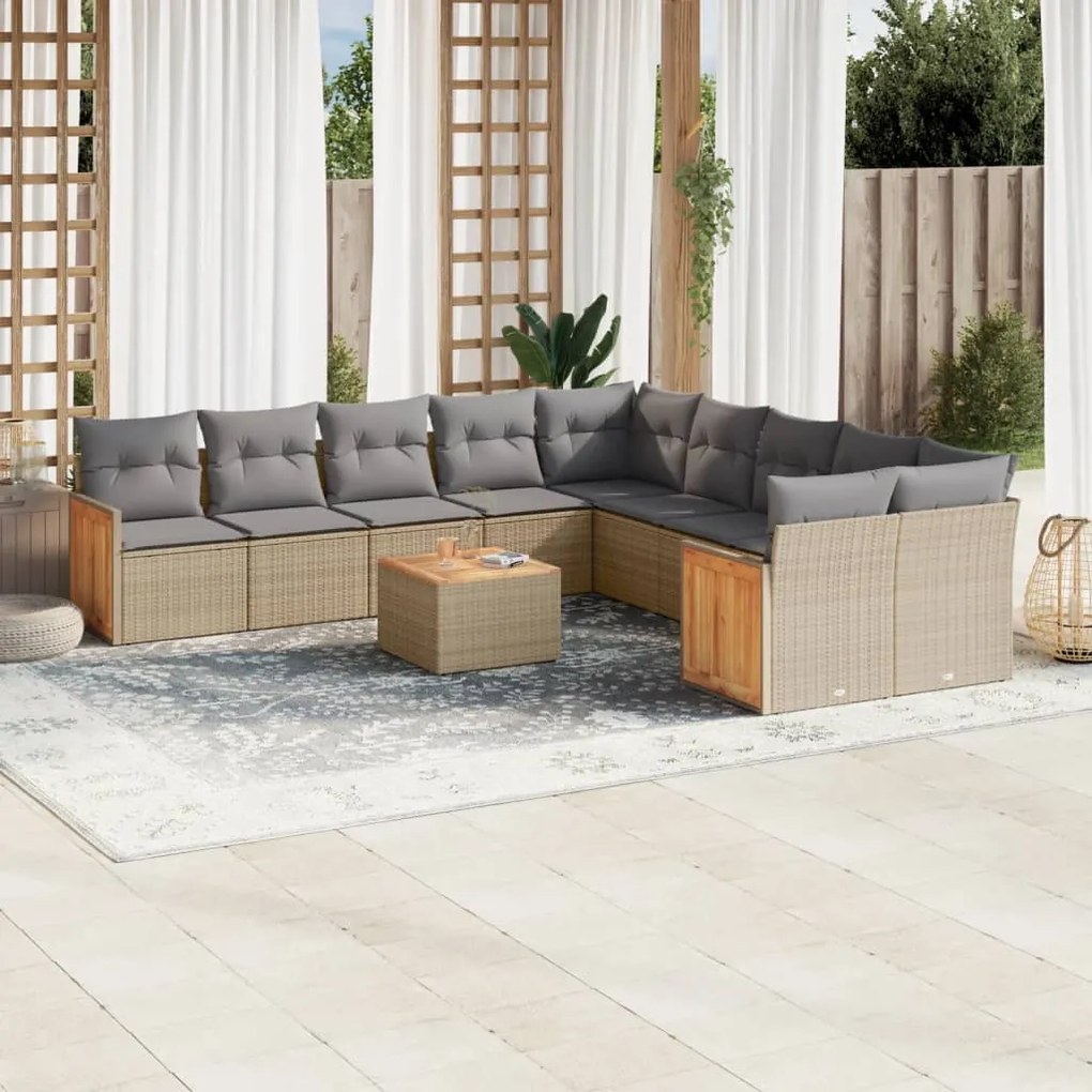 Set divani da giardino 11 pz con cuscini beige in polyrattan