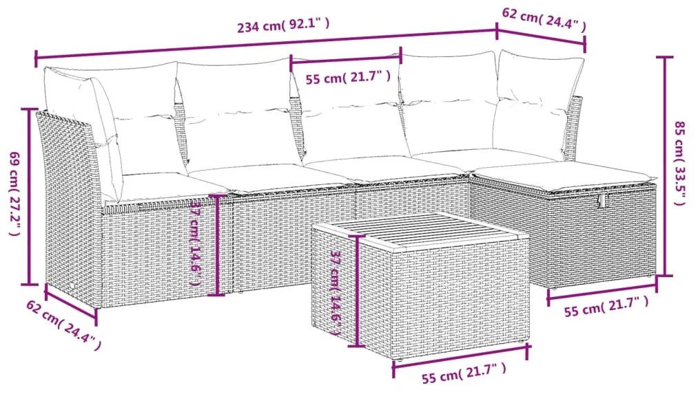 Set divano da giardino 6 pz con cuscini nero in polyrattan