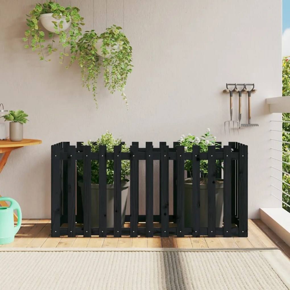 Fioriera Giardino A Recinzione Nera 150x50x70cm Massello Pino /