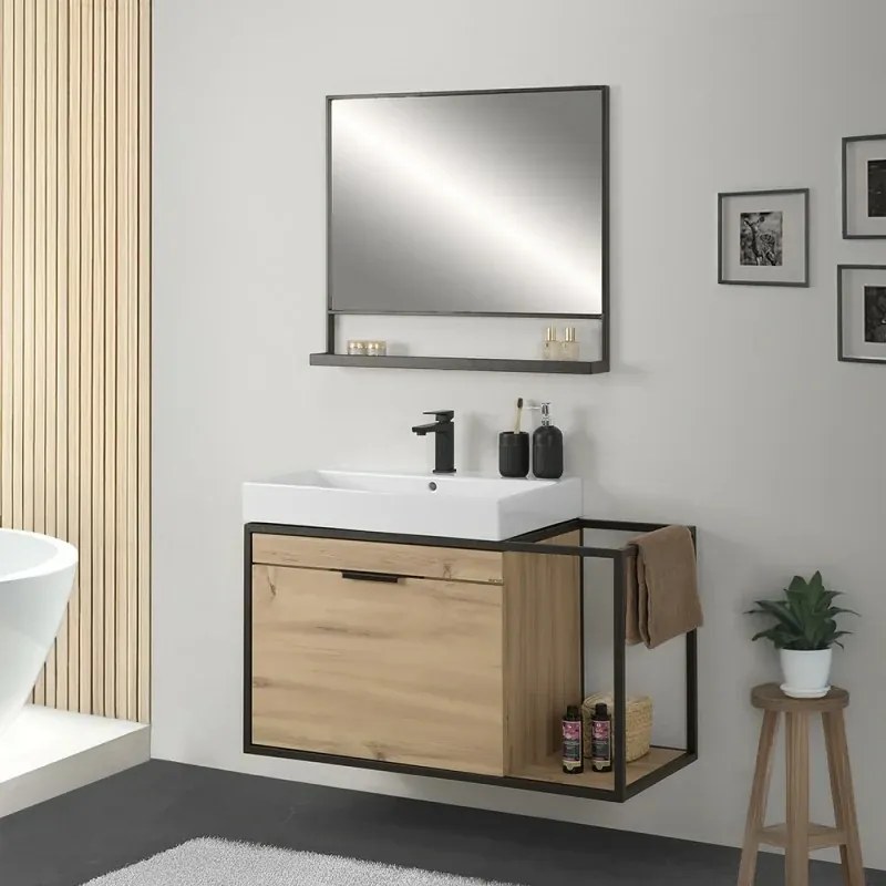 Mobile bagno sospeso 80 cm in legno e metallo nero con specchio Zante