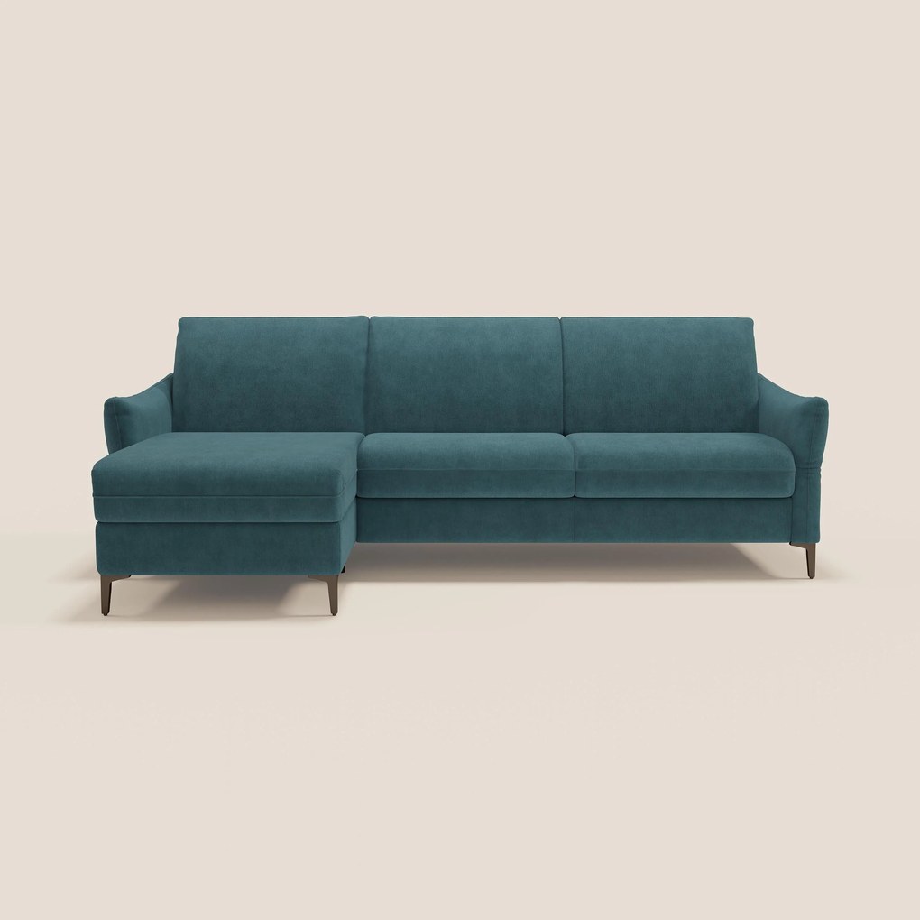 Dalia divano letto angolare con materasso alto 18 cm piedini alti e penisola contenitore in tessuto smacchiabile T17