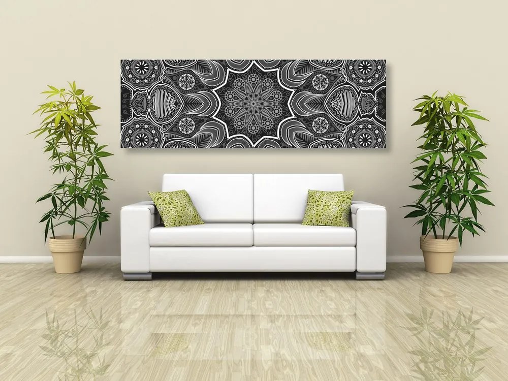 Quadro su tela – Mandala indiana con motivo floreale in bianco e nero