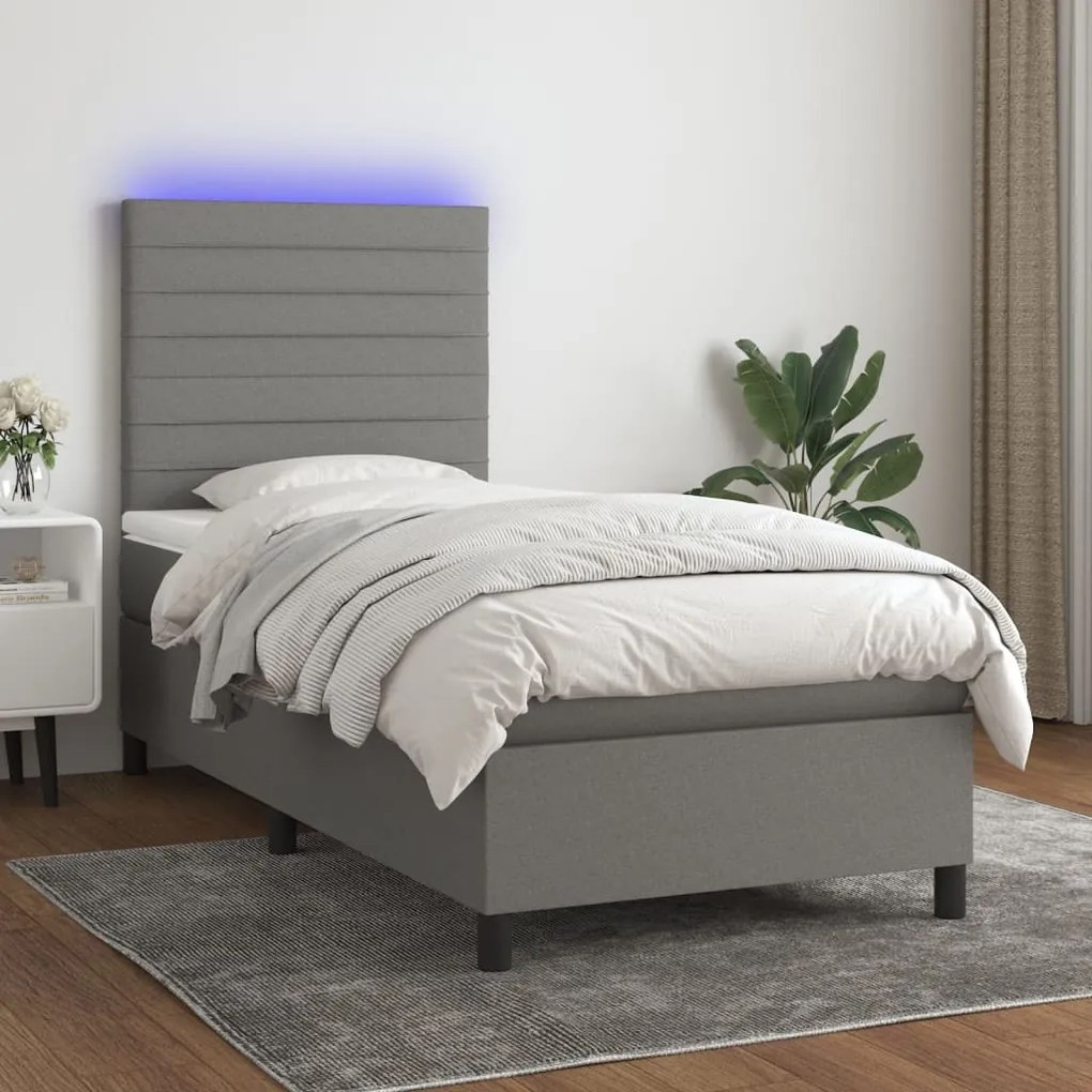 Letto a molle materasso e led grigio scuro 100x200cm in tessuto