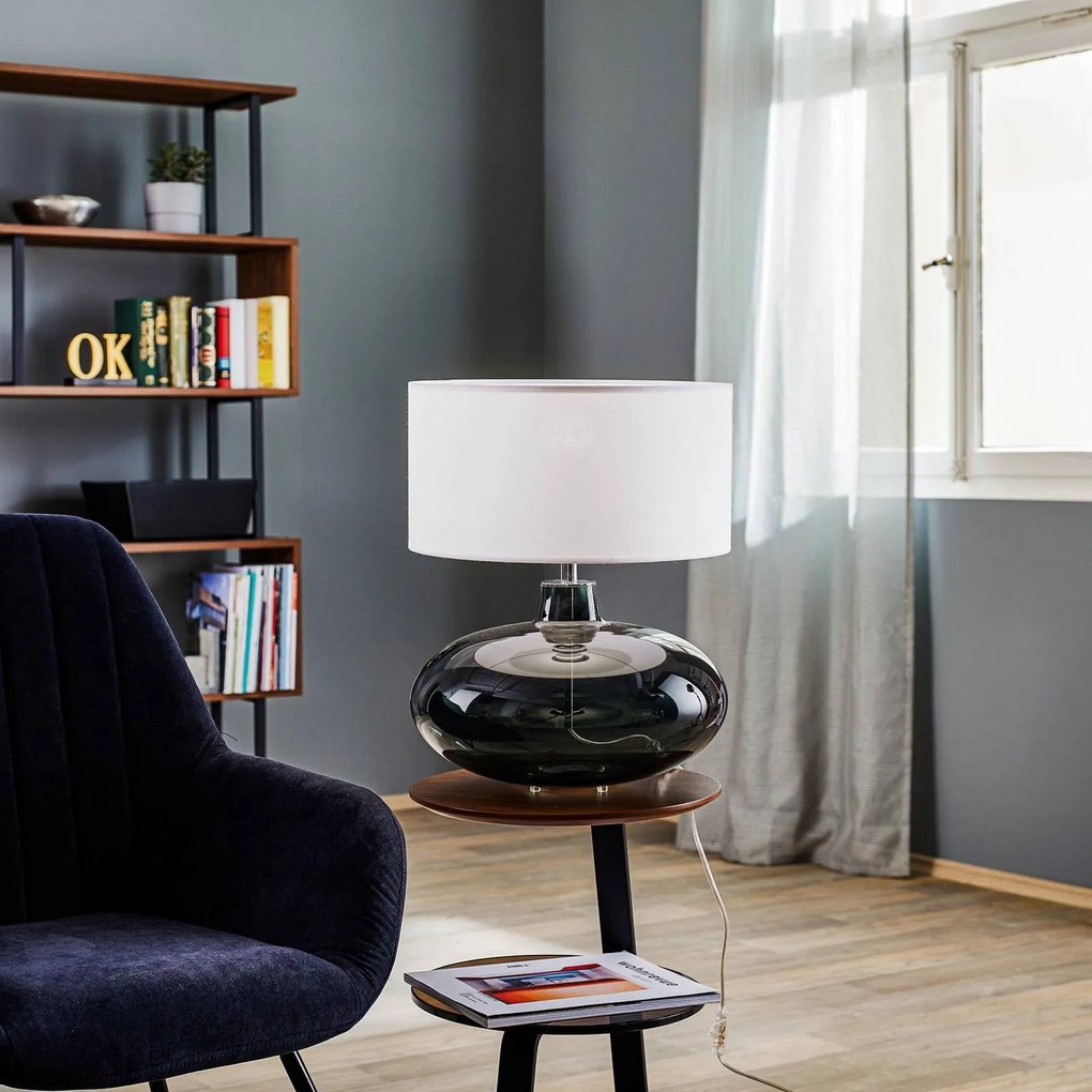 Argon Lampada da tavolo Skien, paralume bianco, base in vetro grigio fumo