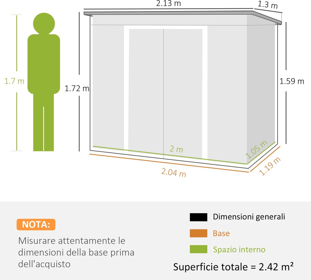 Capanno Attrezzi con Tetto Inclinato 213x130x172 cm 2 Ingressi e Prese d'Aria in Acciaio Grigio Scuro...