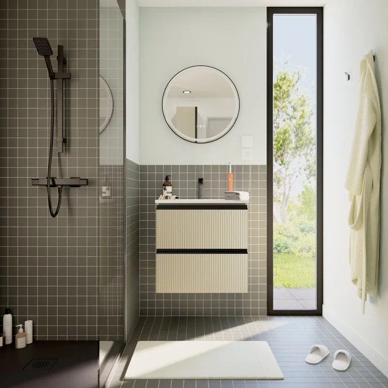 Mobile bagno sospeso con lavabo Studio L 60 x H 58 x P 48.1 cm beige cannettato in mdf 2 cassetti per vasca centrale