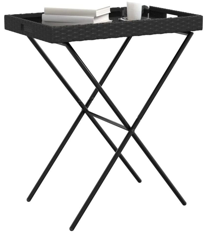 Tavolino vassoio pieghevole nero 65x40x75 cm in polyrattan