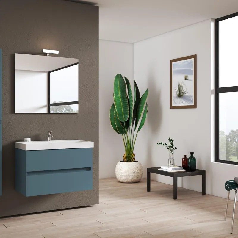 Mobile bagno sospeso con lavabo L 79.5 x H 50 x P 45.5 cm laccato opaco blu pacifico 2 cassetti per vasca centrale Kora