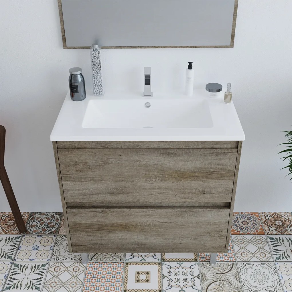 Mobile bagno 80 cm a terra lavabo ceramica specchio 2 cassetti rovere 305040H
