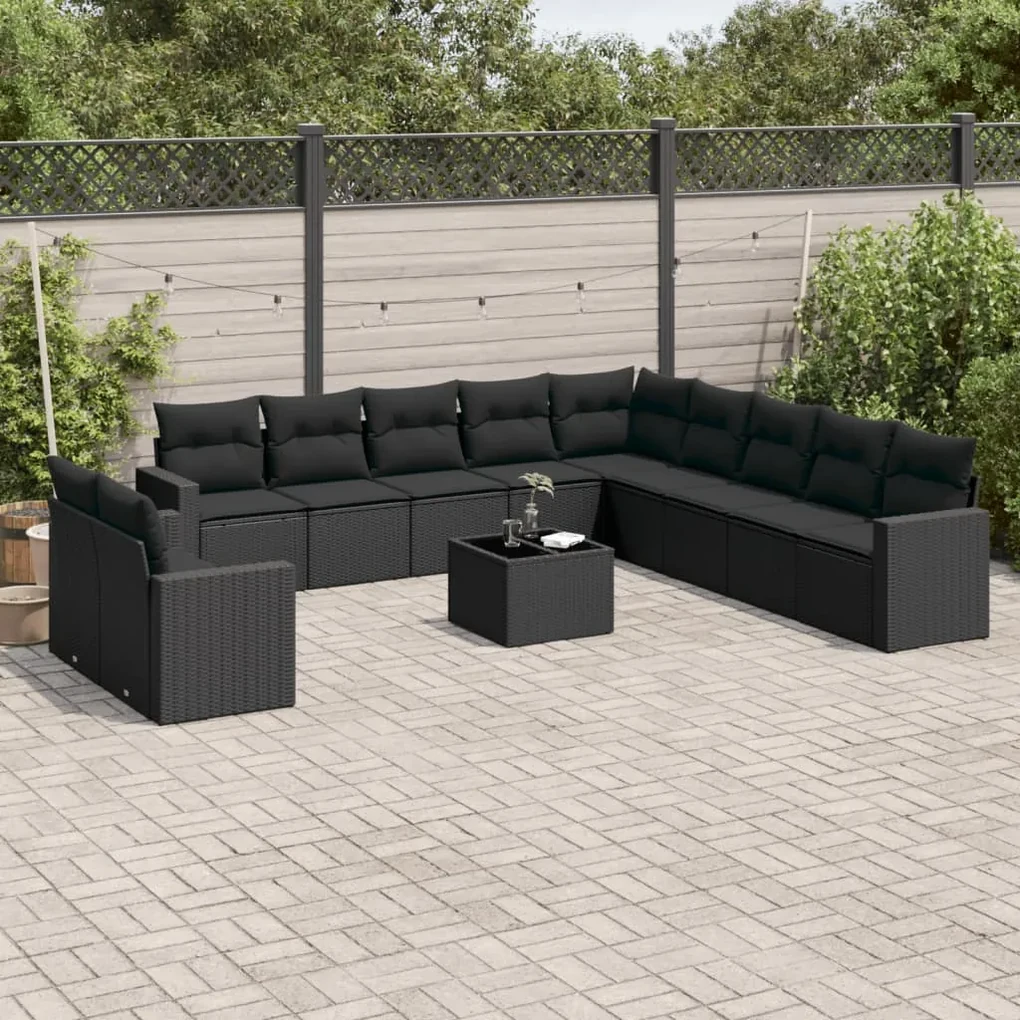 Set divani da giardino 12 pz con cuscini nero in polyrattan