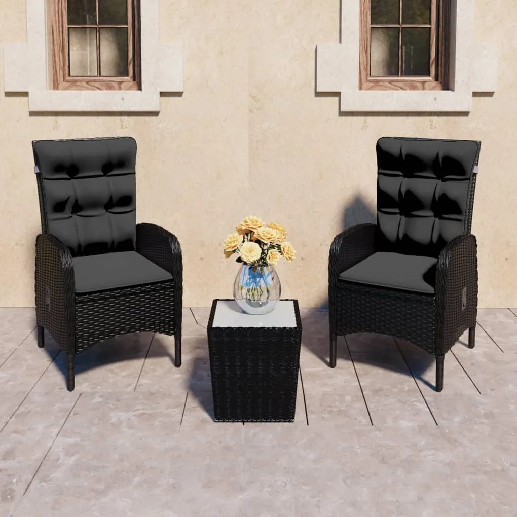 Set da bistrot per giardino 3 pz in polyrattan e vetro nero