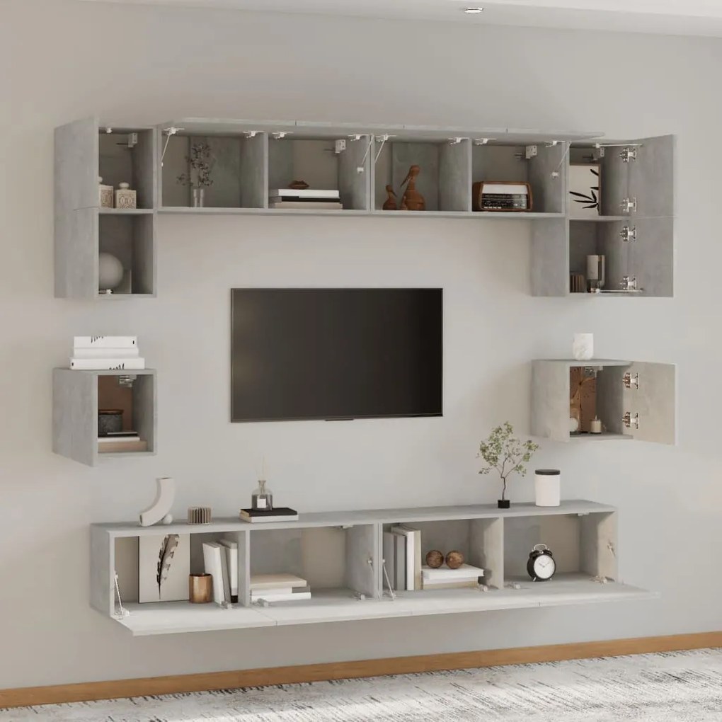 Set mobili porta tv 8pz grigio cemento in legno multistrato