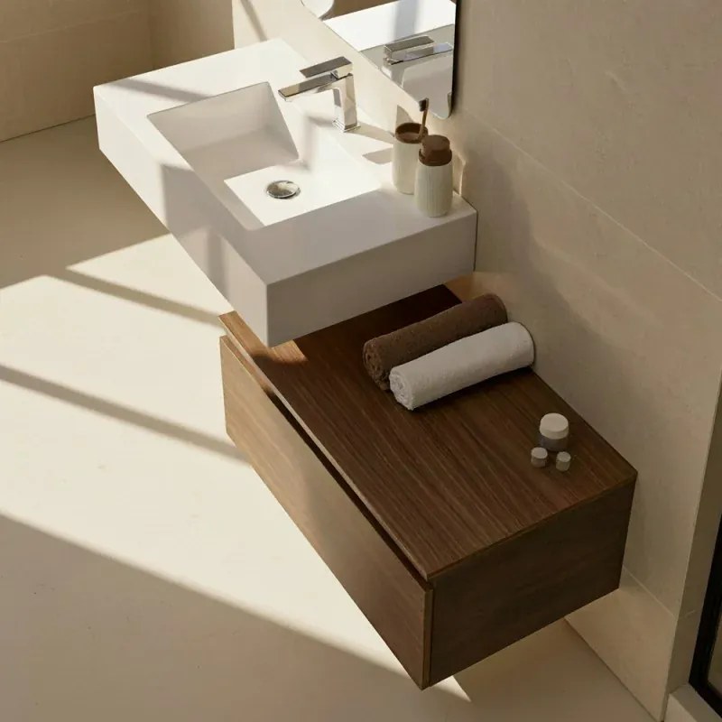 Mobile bagno sospeso 80 cm noce canaletto con lavabo sospeso e specchio - Numa