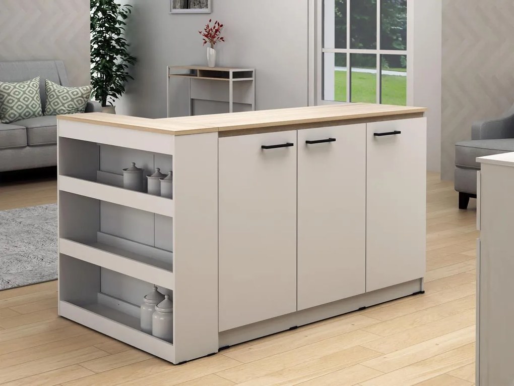 Set Isola centrale da cucina + 2 sgabelli Bianco e Naturale chiaro - NUSICE