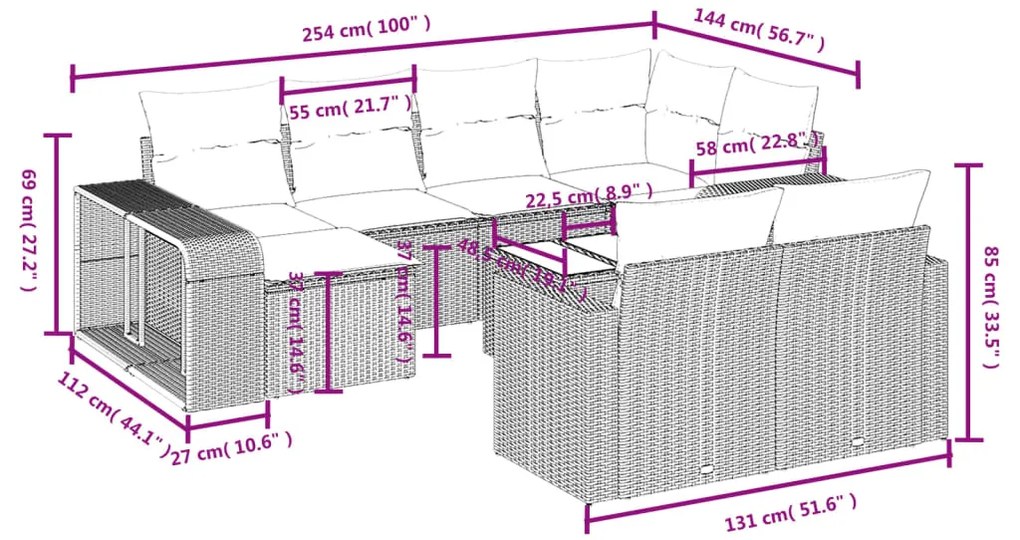 Set divani da giardino 11 pz con cuscini in polyrattan nero