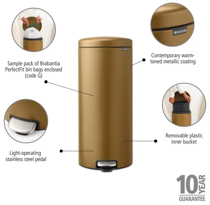 Cestino per la spazzatura color ottone in acciaio con pedale 30 l NewIcon – Brabantia