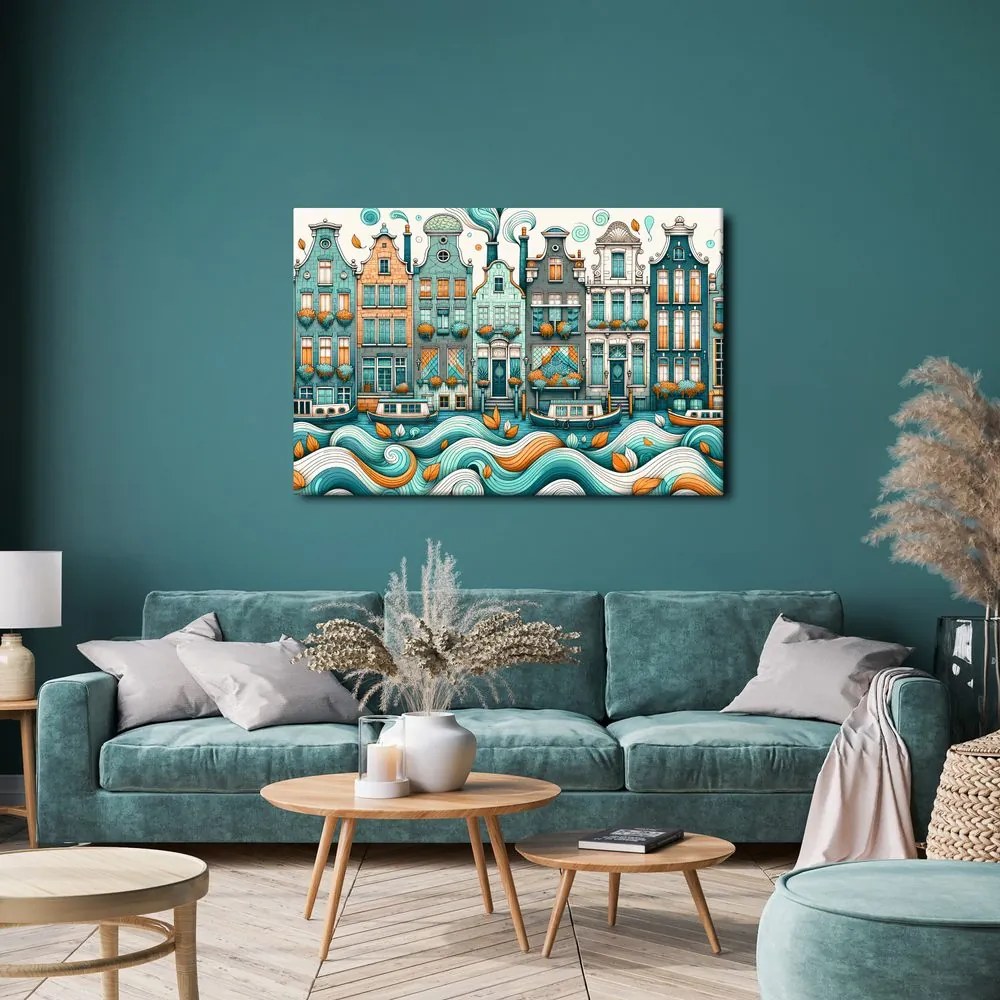 Quadro su tela – Case colorate lungo un canale ondulato