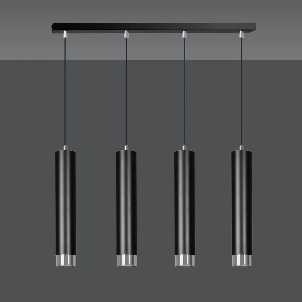 Lampadario 4 Luci Brunilde In Acciaio Nero E Tubolari In Nero E Cromo