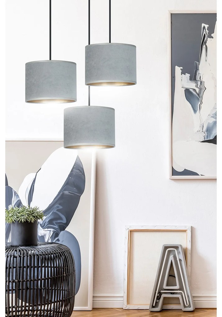 Lampadario Tondo 3 Luci Ganesha In Acciaio Nero E Paralumi In Tessuto Grigio