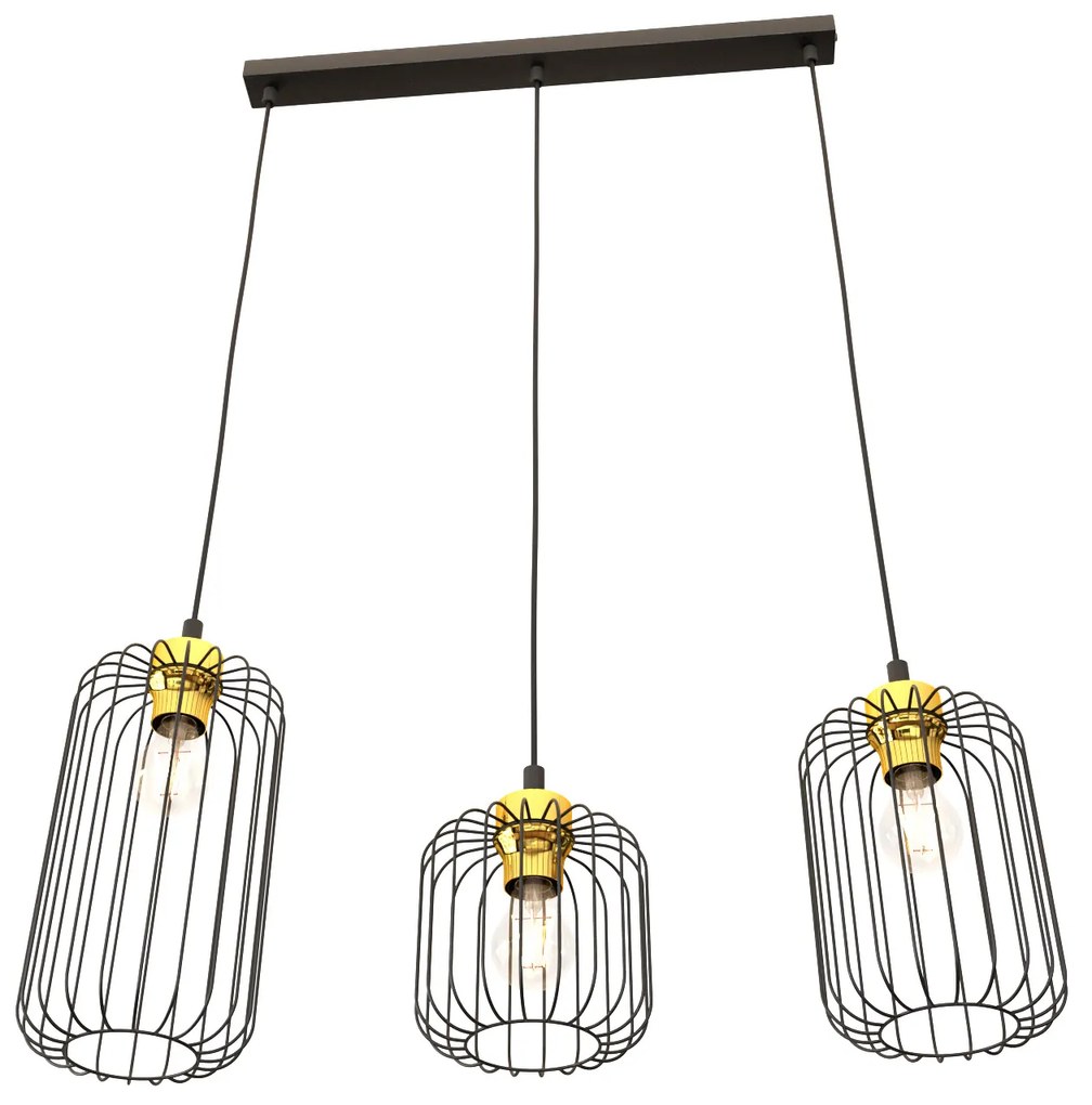 Sospensione Minimal Industrial Minerva 3 Luci Lineari Nera E Oro