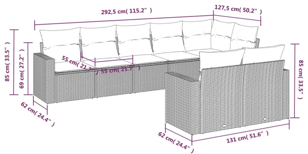 Set divano da giardino 8 pz con cuscini beige in polyrattan