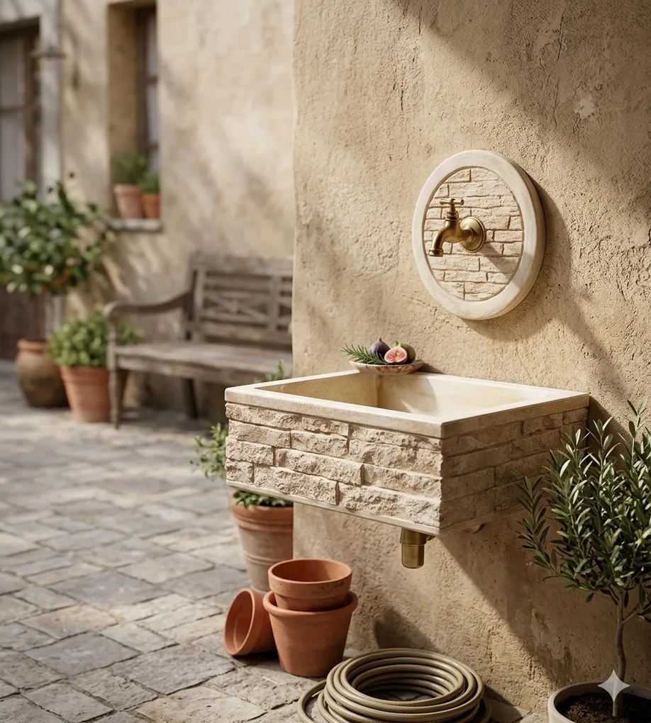 Lavello Rettangolare da Esterno 45x35 cm con Rosone Installazione a Muro in Cemento Mattone Faccia a Vista Meseta Nocciola...