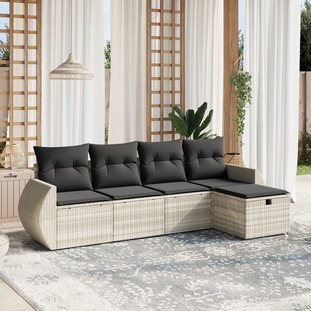 Set divano da giardino 5pz con cuscini grigio chiaro polyrattan