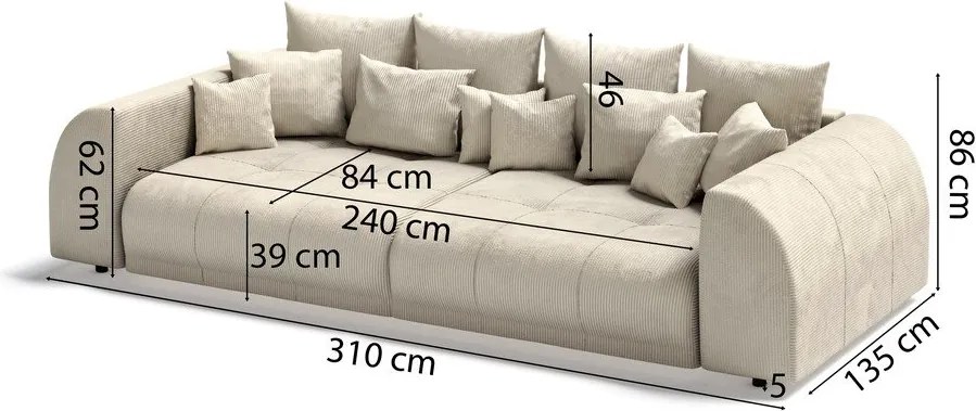 Divano color crema con rivestimento in velluto a coste 310 cm Vanessa – Ropez