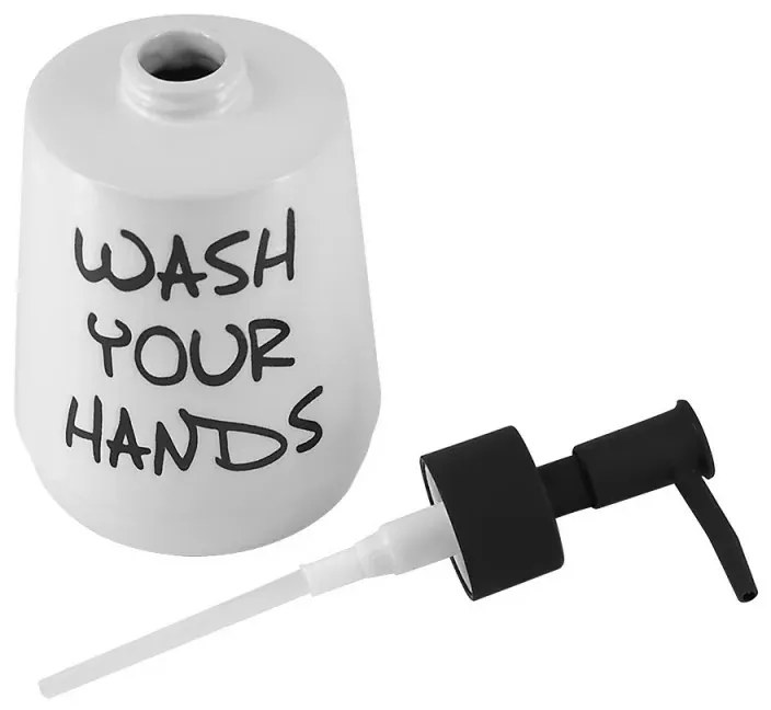 Dispenser sapone liquido Wash in ceramica bianco con scritte nere