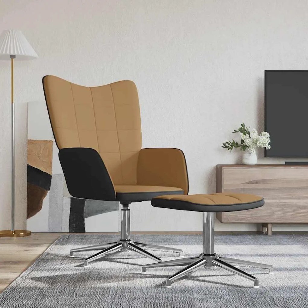 Sedia Relax Con Sgabello Marrone İn Velluto E Pvc /