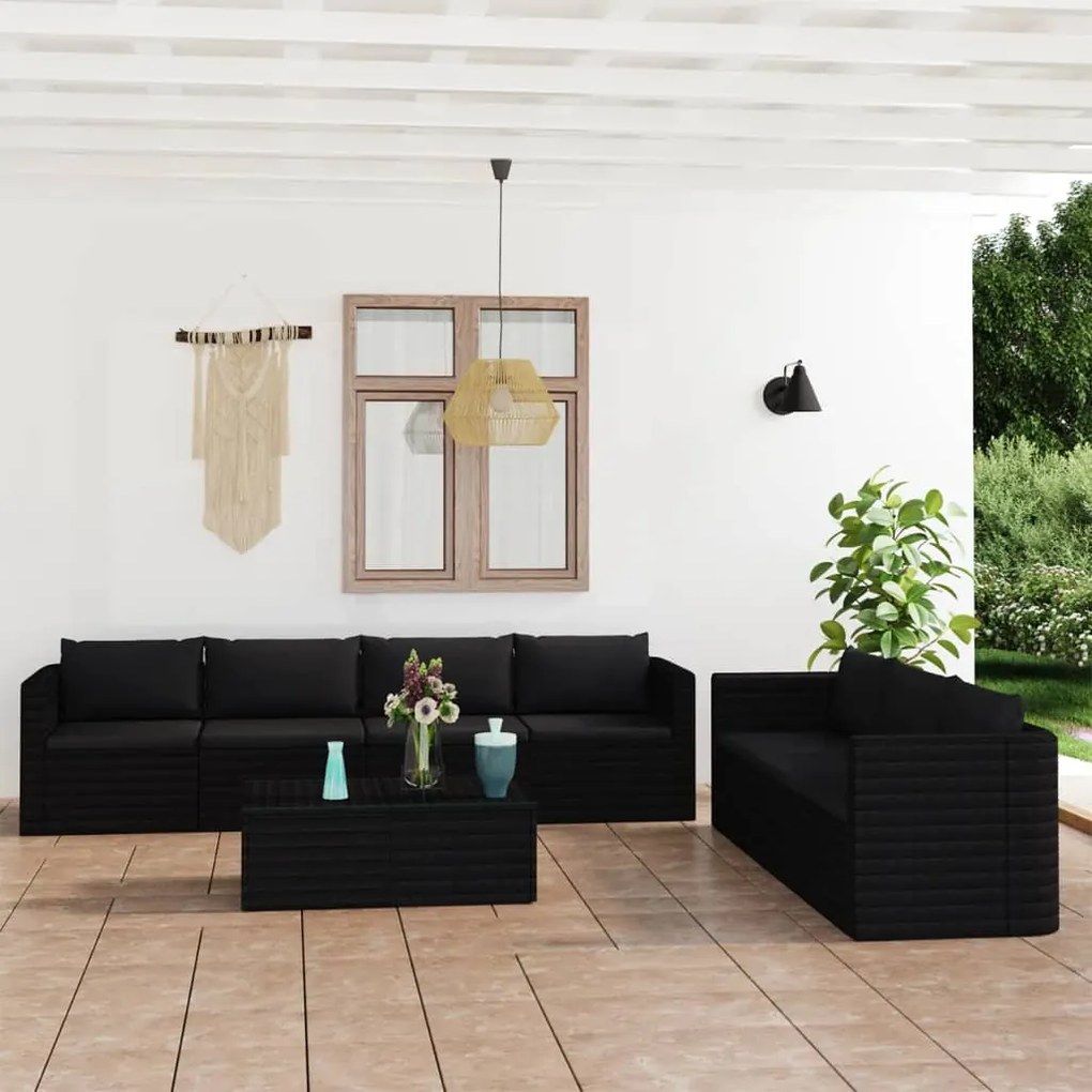 Set divani da giardino 8 pz con cuscini in polyrattan nero